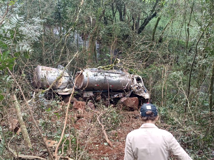 Caminhão desce ribanceira e quase para dentro de rio no interior de Tunápolis